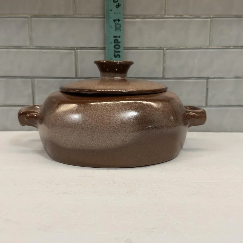 Vintage Mid-Century FRANKOMA POTTERY Baker / Bean Pot Glazed Brown w/ Lid READ‎